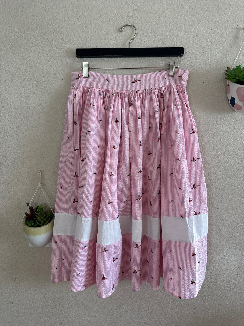 Unique Vintage Striped Floral Midi Full Skirt Cottagecore Large Seersucker 10 12
